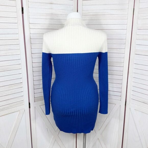 Bebe Surf The Web Rhinestone Logo Ribbed Knit Sweater Dress Blue Ivory XL - Picture 4 of 11